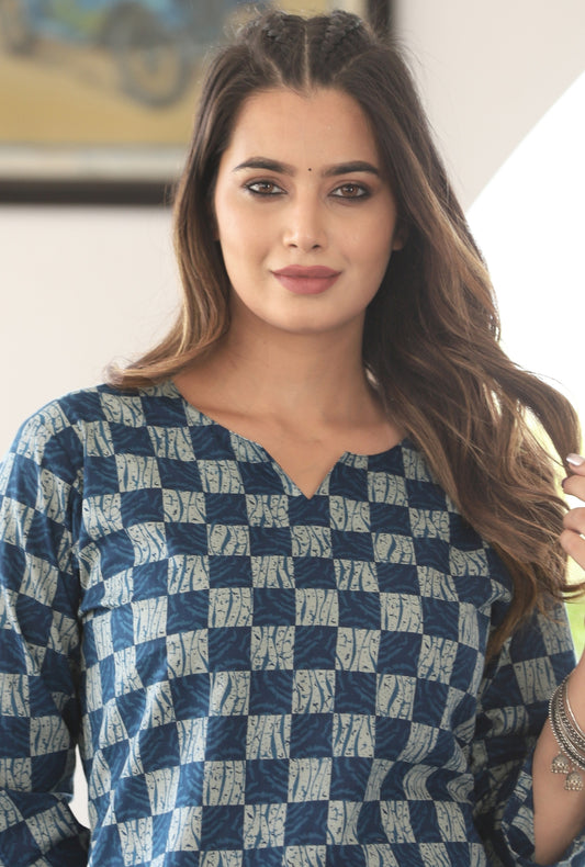 Indigo Check Cotton Loungewear Set