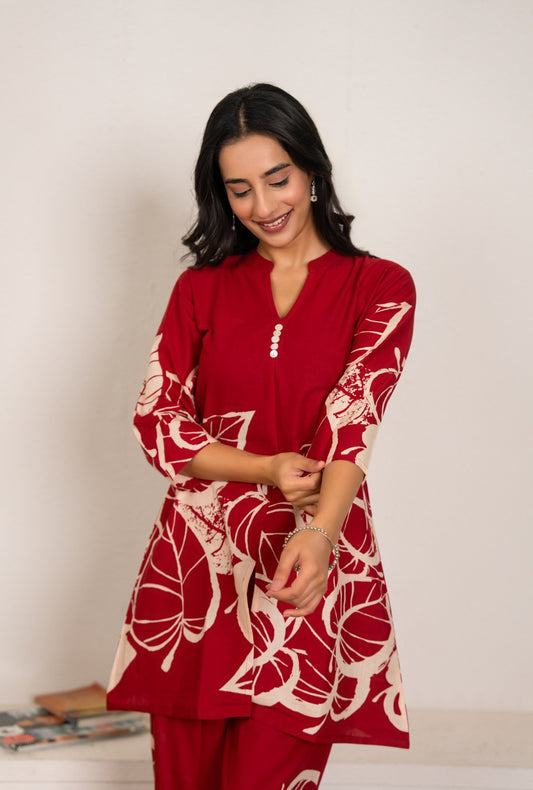 Royal Rhythm Red Printed Cotton Co-ords Set