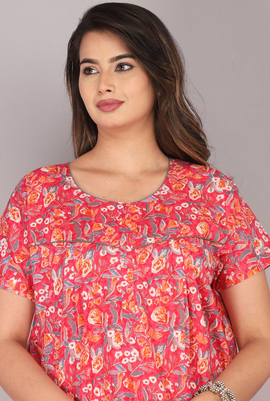 Petal Flora Pink Cotton Printed Nightwear Gowns