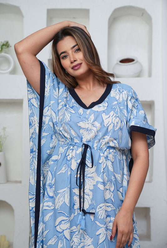 Pastel Flower Sky Blue Loungewear Cotton Kaftan