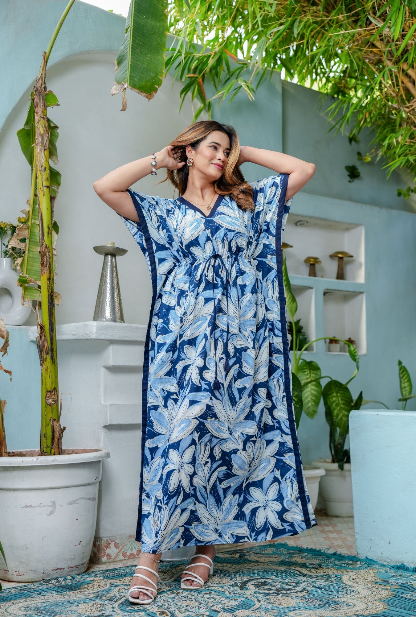 Coastal Blue Cotton Loungewear Kaftan