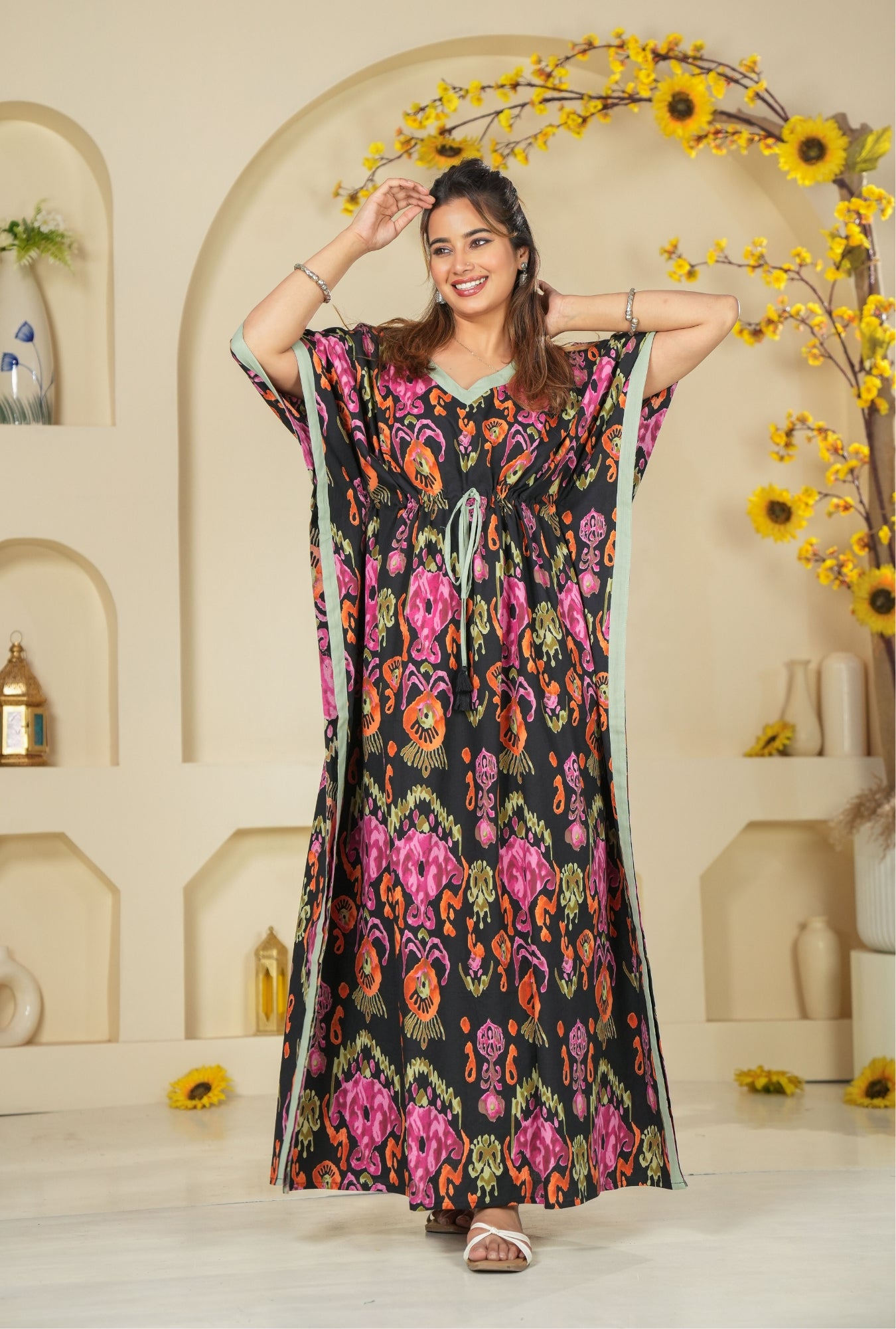 Ikkat Black Loungewear Cotton Kaftan