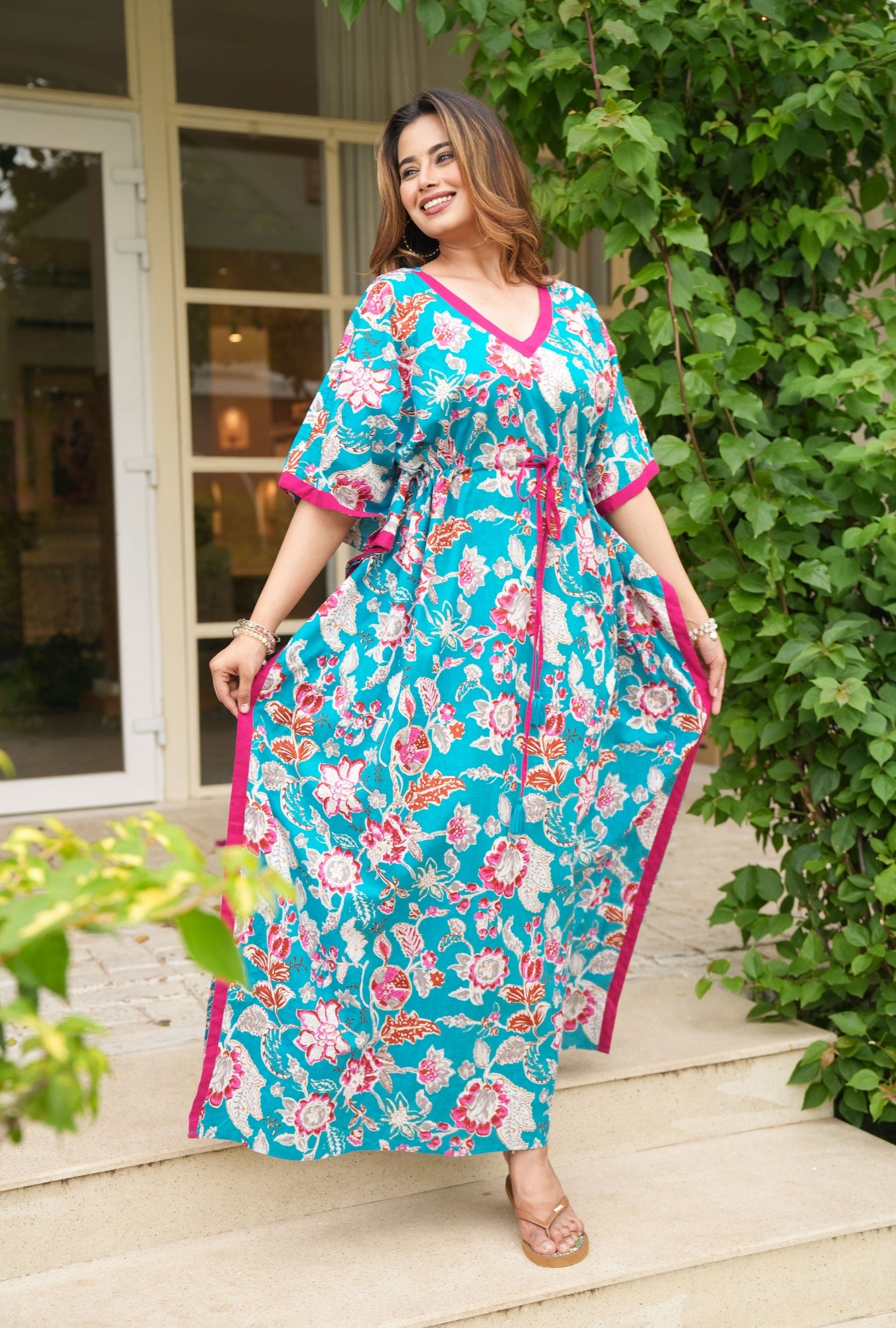 Velvet Petals Sky Blue Loungewear Cotton Kaftan