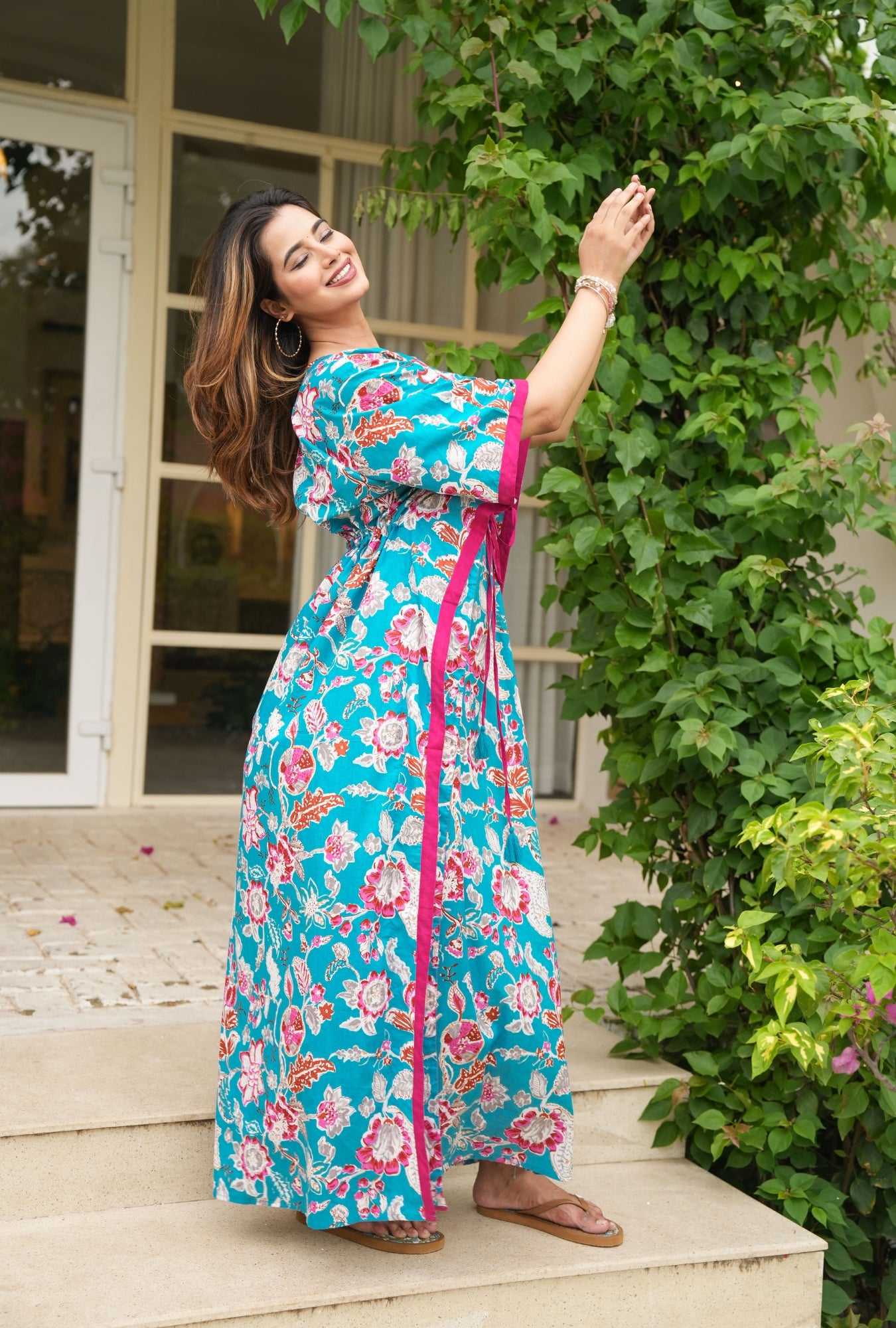 Velvet Petals Sky Blue Loungewear Cotton Kaftan