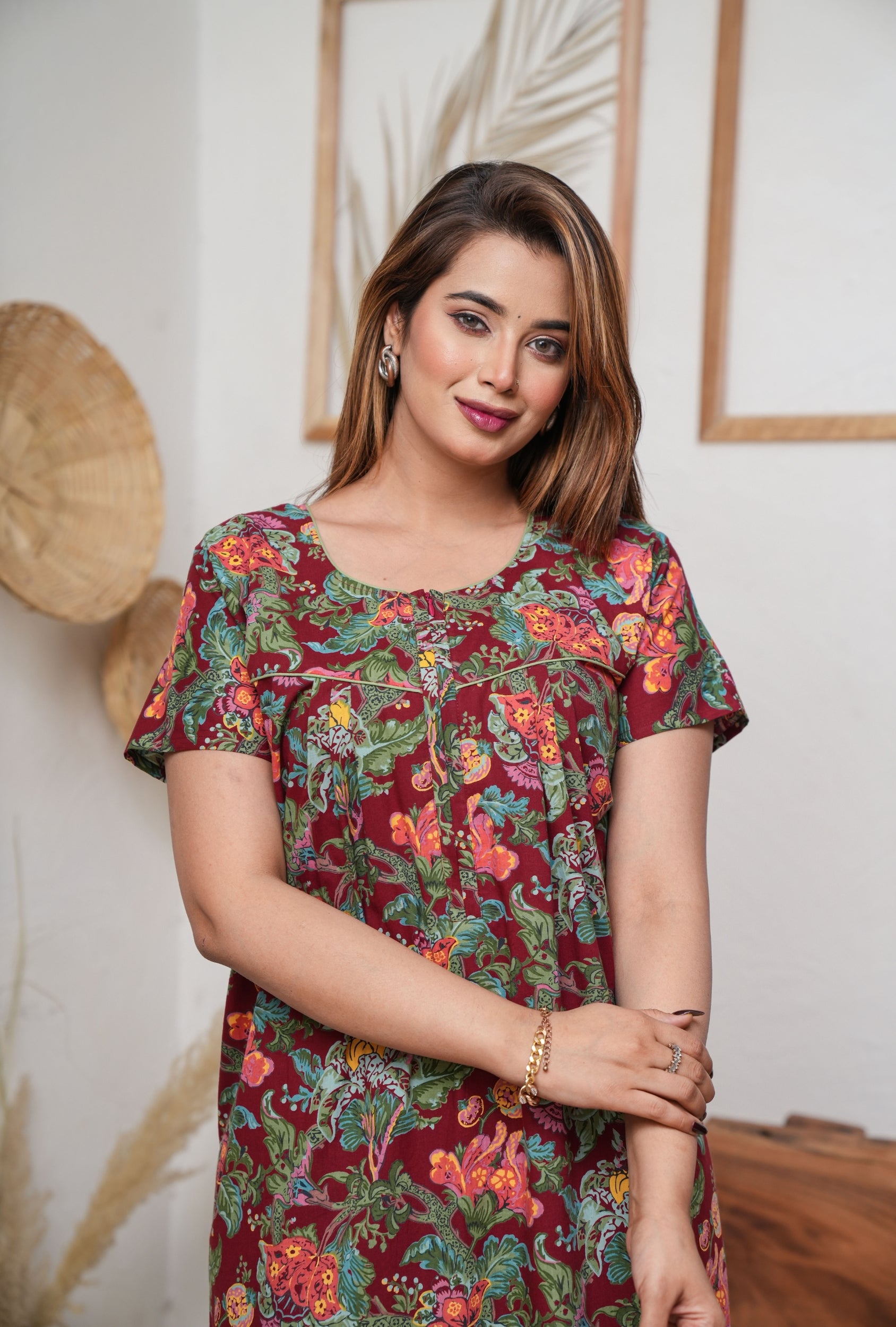 Palaash Maroon Cotton Printed Nightwear Gowns