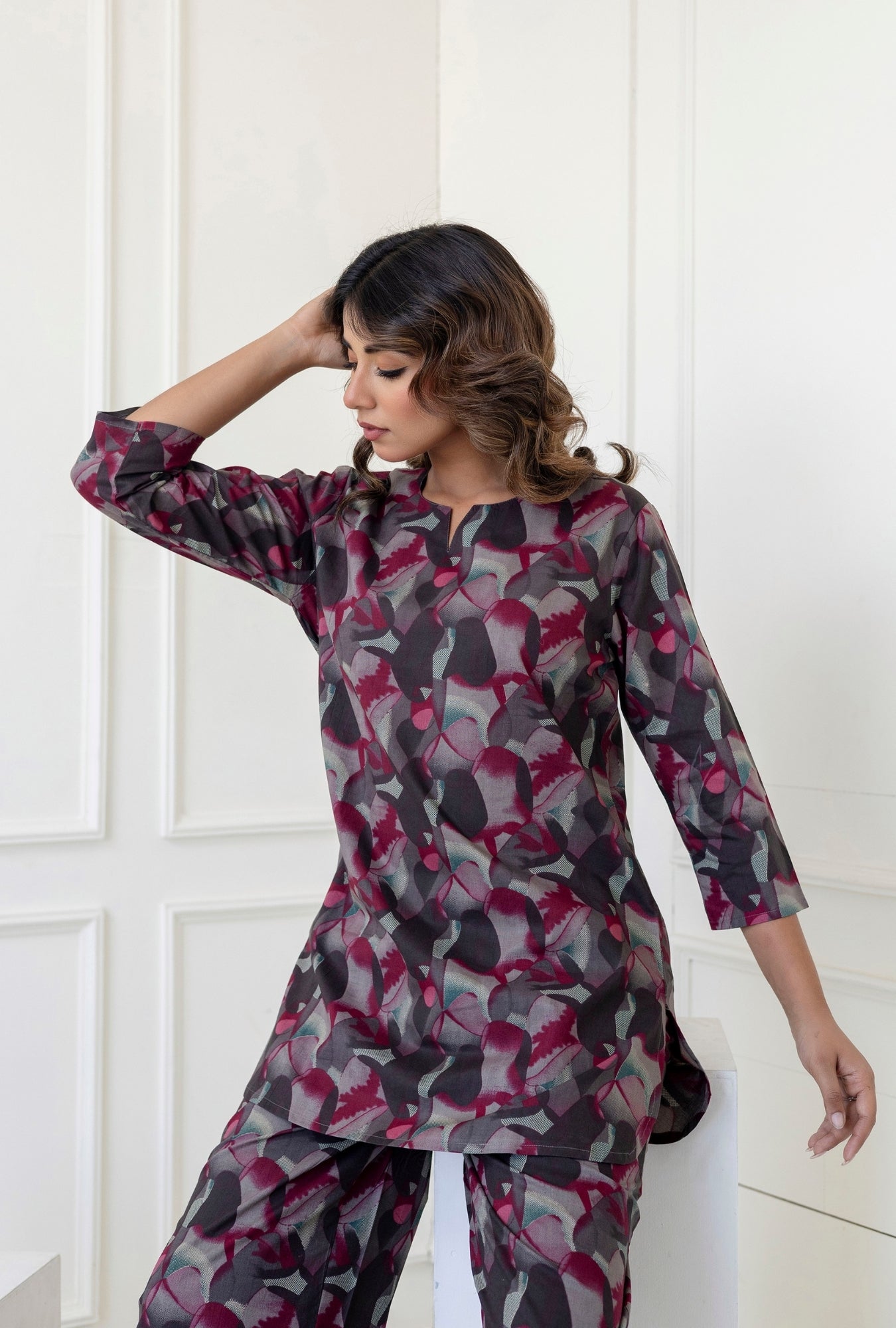 Hexa Maroon Grey Cotton Loungewear Co-ords Set