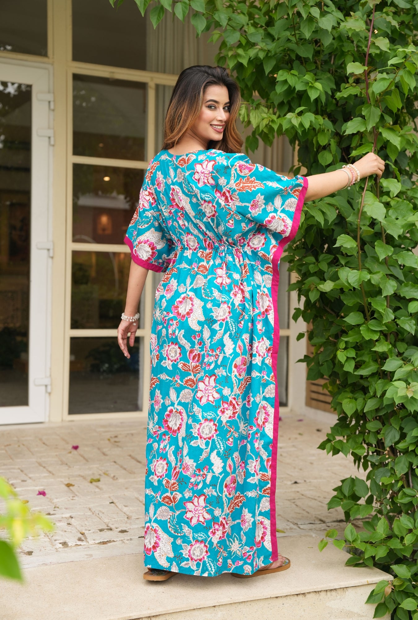 Velvet Petals Sky Blue Loungewear Cotton Kaftan