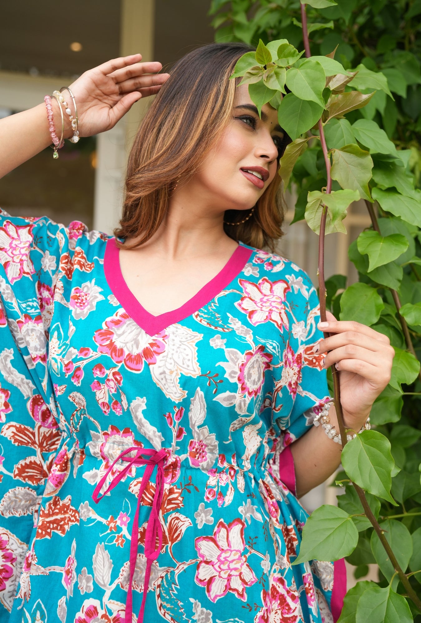 Velvet Petals Sky Blue Loungewear Cotton Kaftan