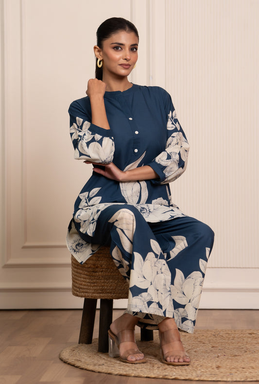 Soft Streak Blue Printed Cotton Co-ords Set