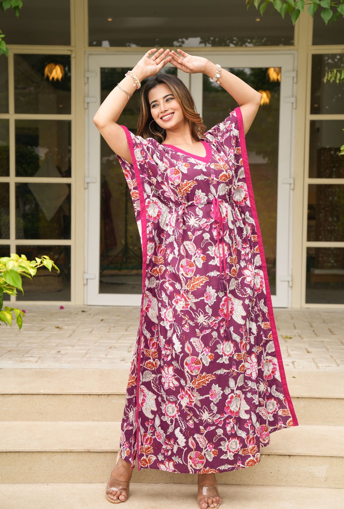 Velvet Petals Maroon Loungewear Cotton Kaftan