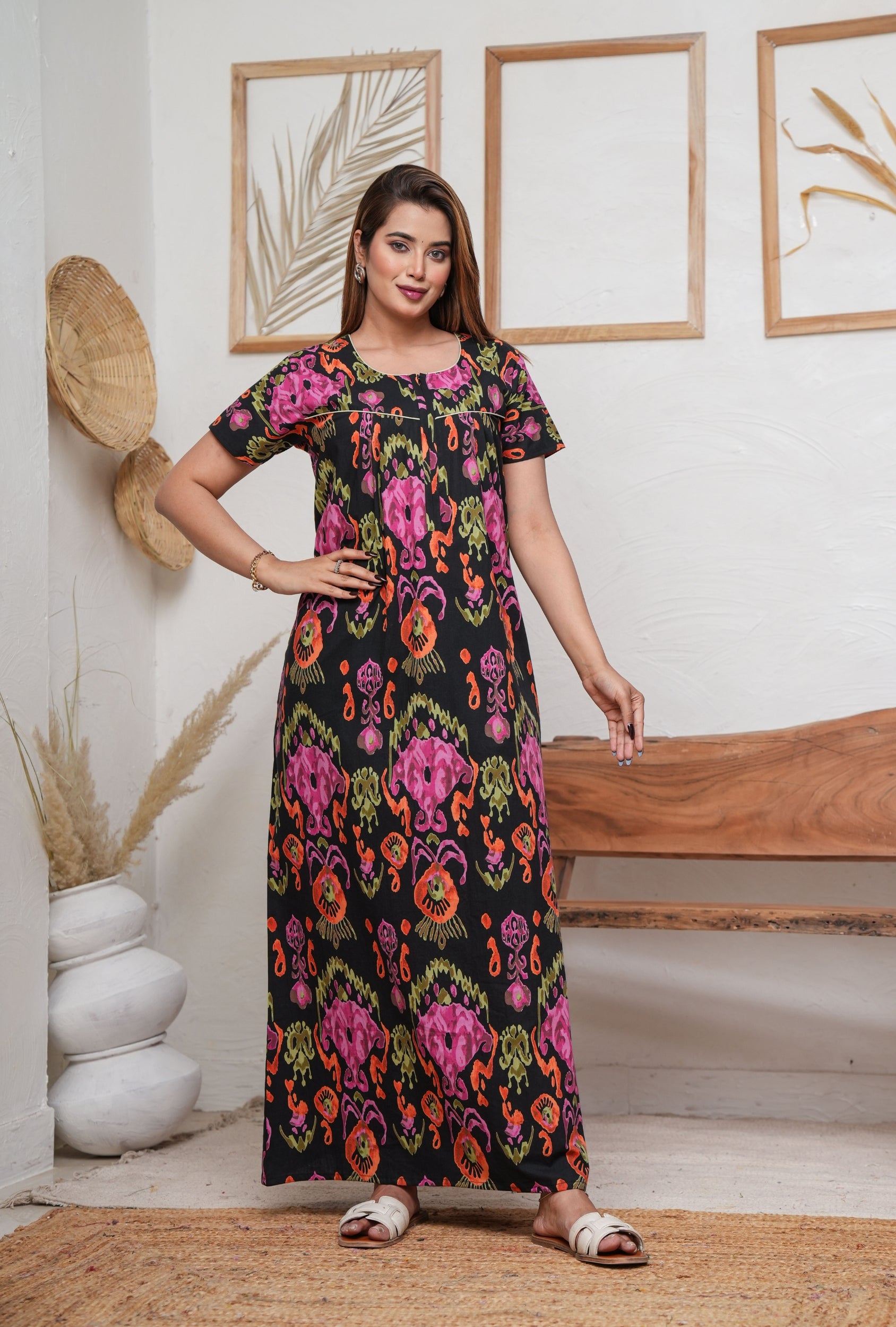 Ikkat Black Cotton Printed Nightwear Gowns