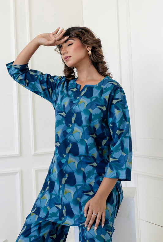 Hexa Blue Cotton Loungewear Co-ords Set