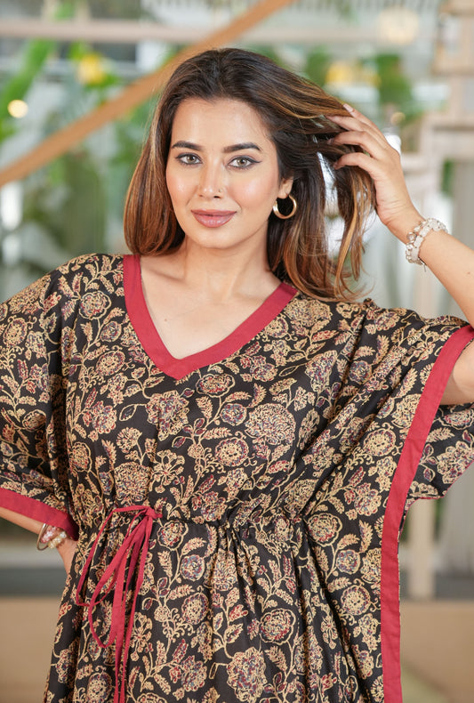Flora Ajrak Black Loungewear Cotton Kaftan