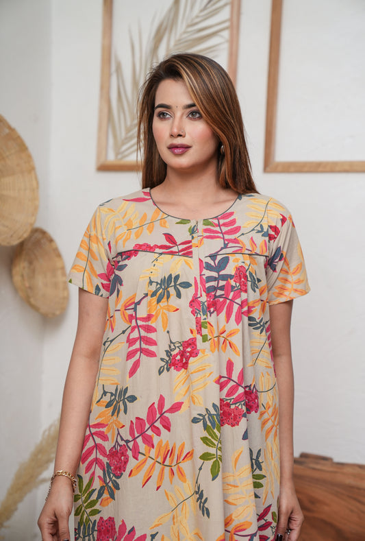 Neem Leaves Beige Cotton Printed Nightwear Gowns