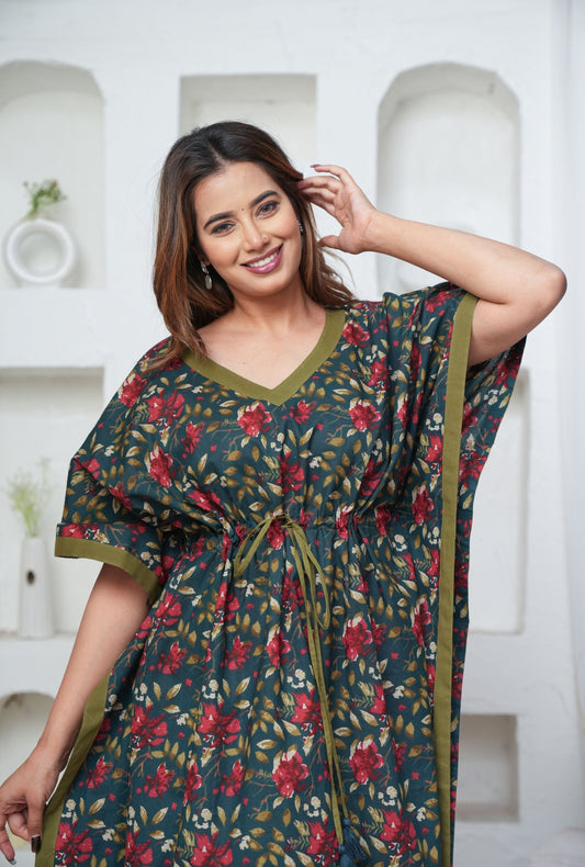 Petal Dance Teal Loungewear Cotton Kaftan