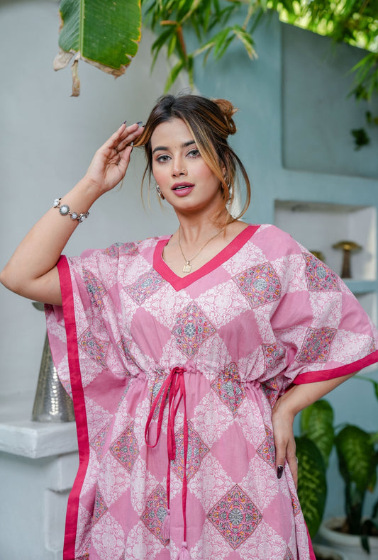 Pastel Bloom Pink Cotton Loungewear Kaftan