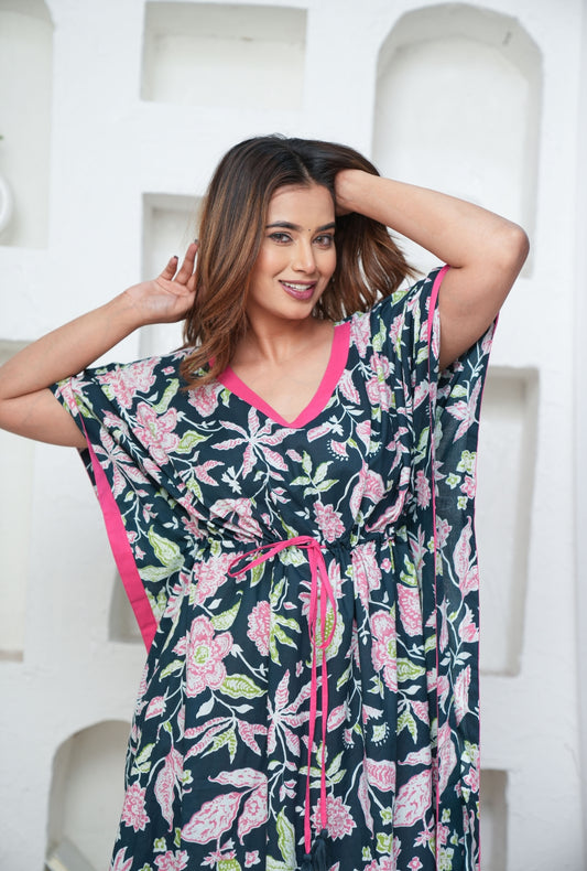 Marigold Bottle Green Loungewear Cotton Kaftan