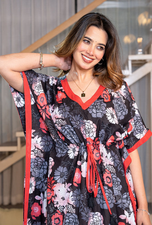 Mega Petals Black Loungewear Cotton Kaftan