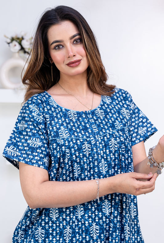 Fern Blue Cotton Printed Nightwear Gowns