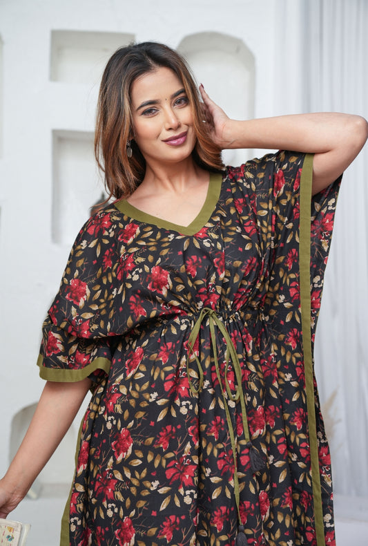 Petal Dance Black Loungewear Cotton Kaftan
