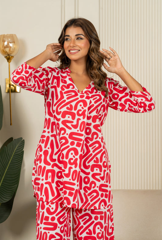 Urban Mirage Red Cotton Loungewear Co-ords Set