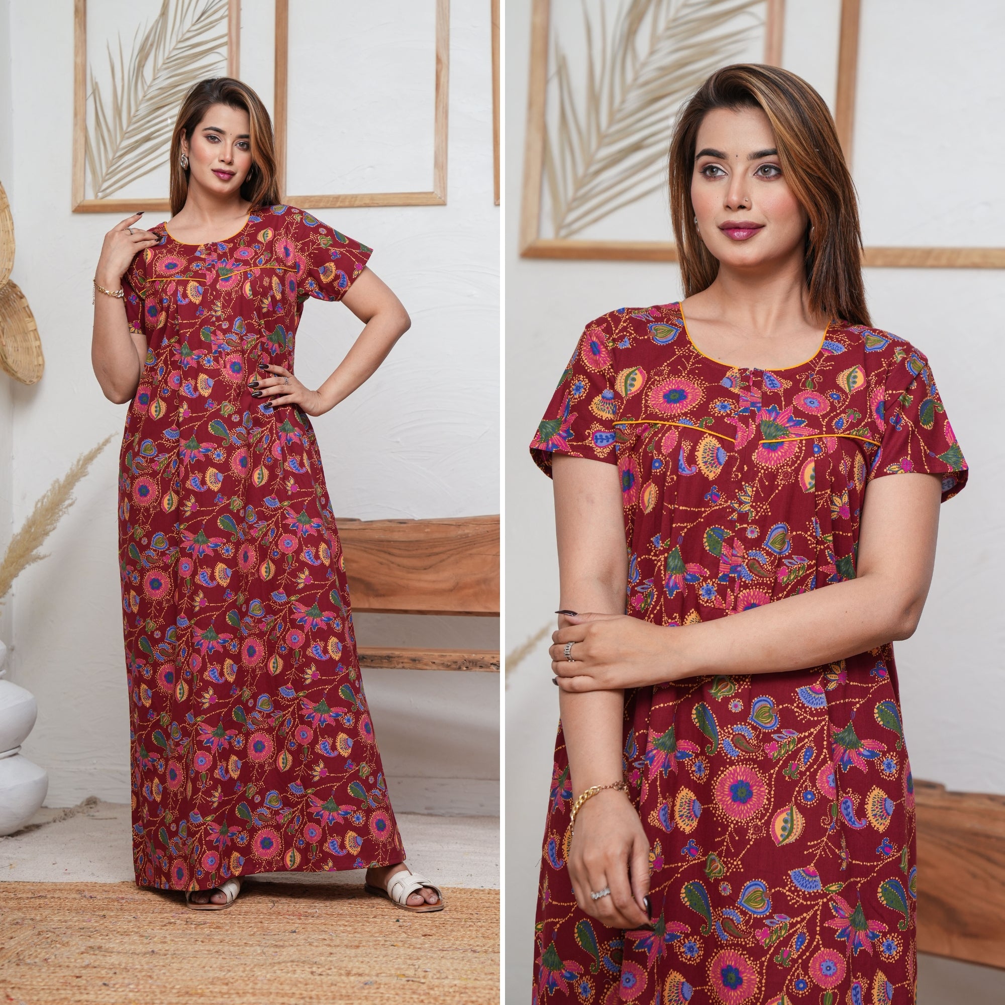 Paisley Flower Maroon Cotton Printed Nightwear Gowns