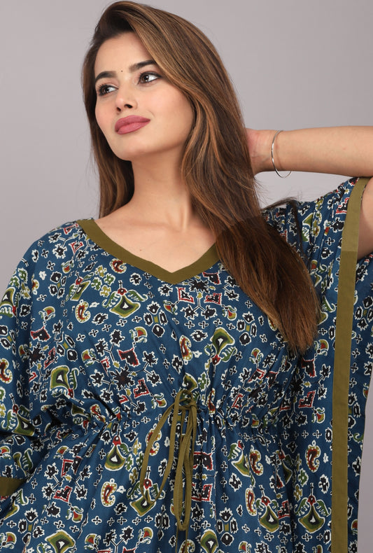 Mandala Teal Blue Cotton Kaftan