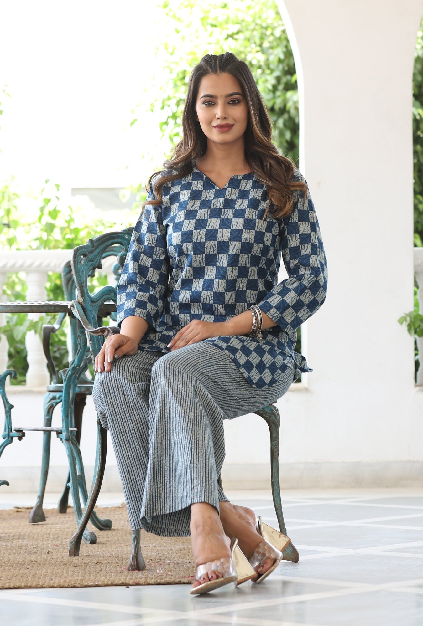 Indigo Check Cotton Loungewear Set