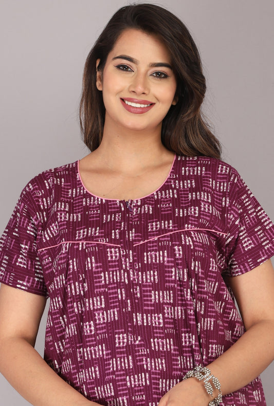 Daabu Print Wine Cotton Printed Nightwear Gowns