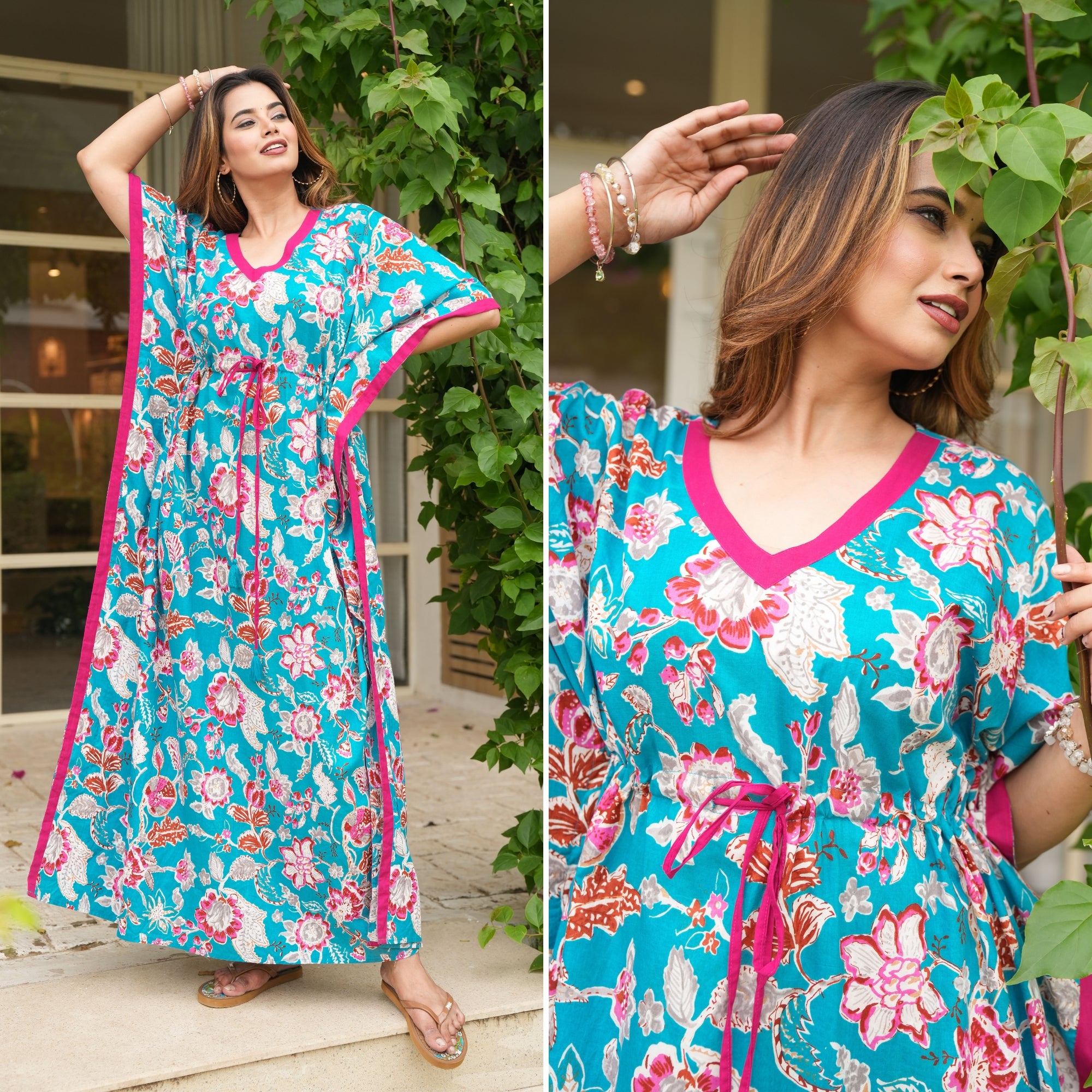 Velvet Petals Sky Blue Loungewear Cotton Kaftan