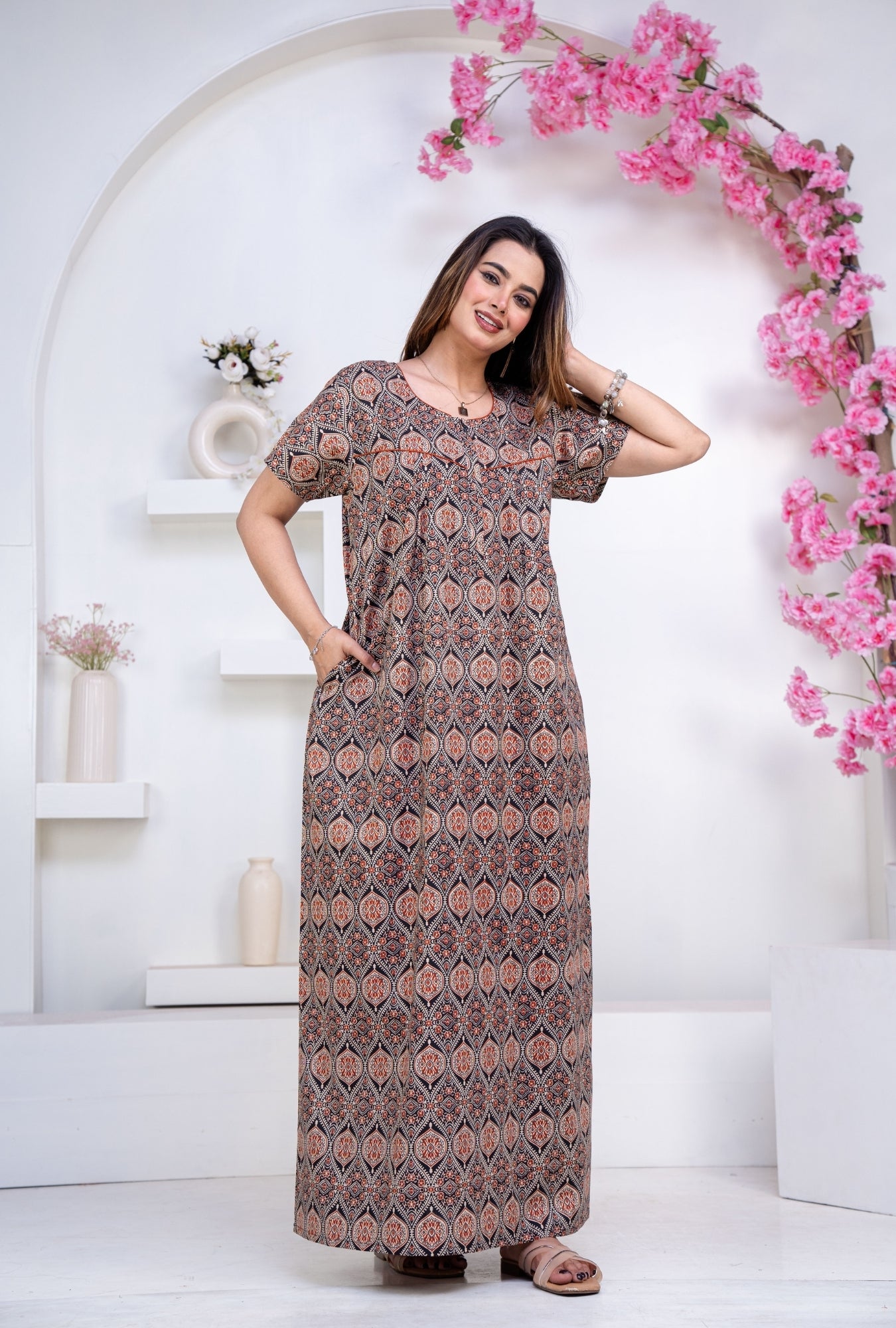 Ajrak Black Cotton Printed Nightwear Gowns