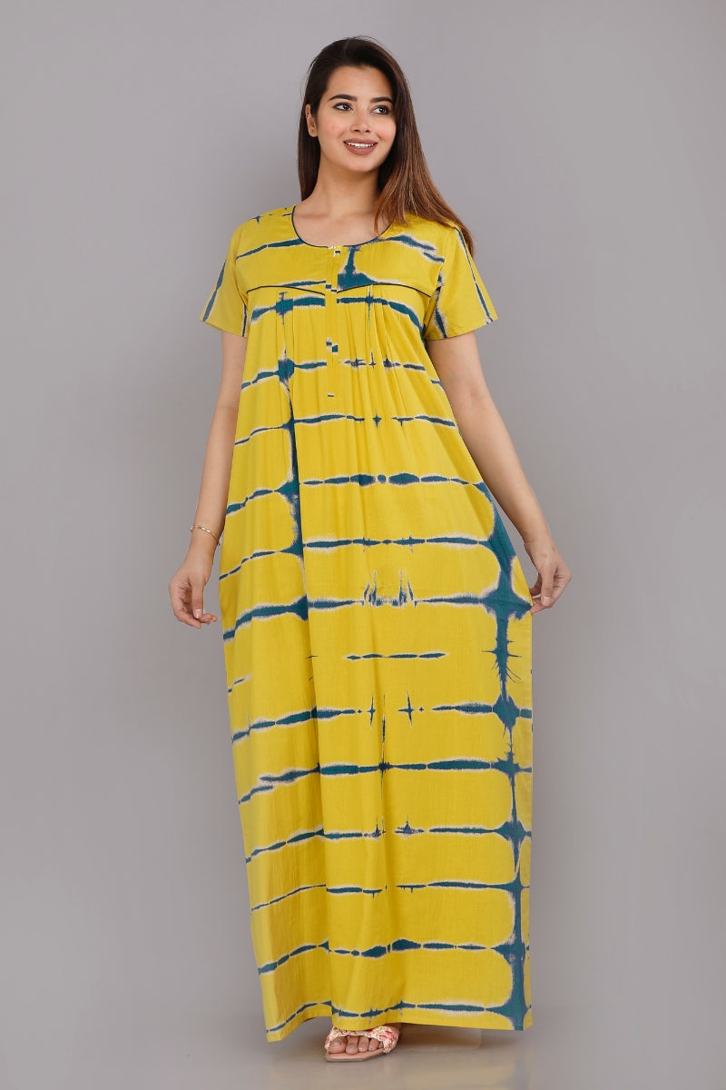 Tie Dye Yellow Cotton Nightwear Gowns