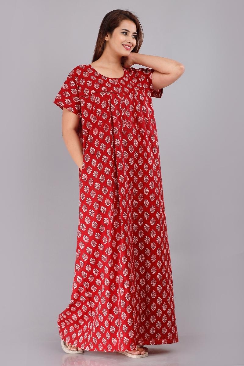 Buy Trendy Ladies Cotton Red Nighties Gown Online in India