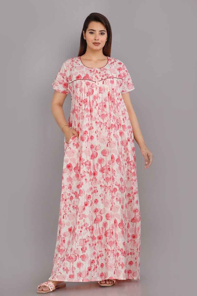 Water Color Pink Cotton Printed Nightwear Gowns