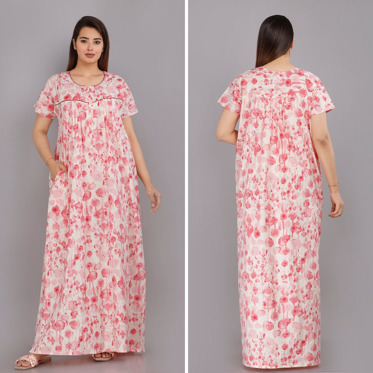 Water Color Pink Cotton Printed Nightwear Gowns