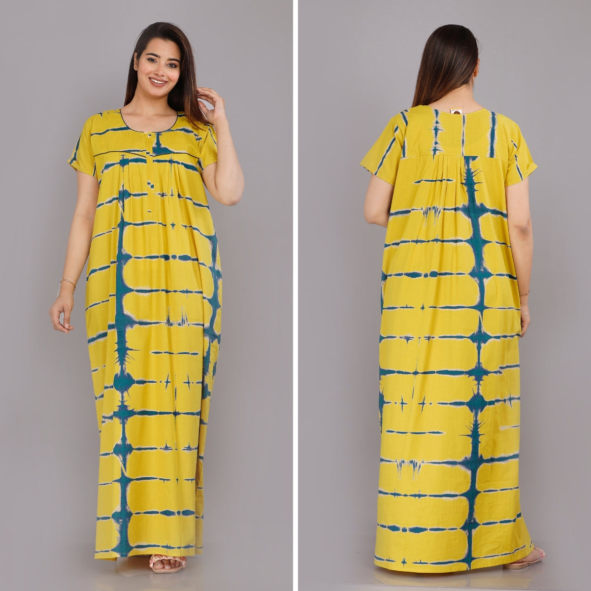 Tie Dye Yellow Cotton Nightwear Gowns