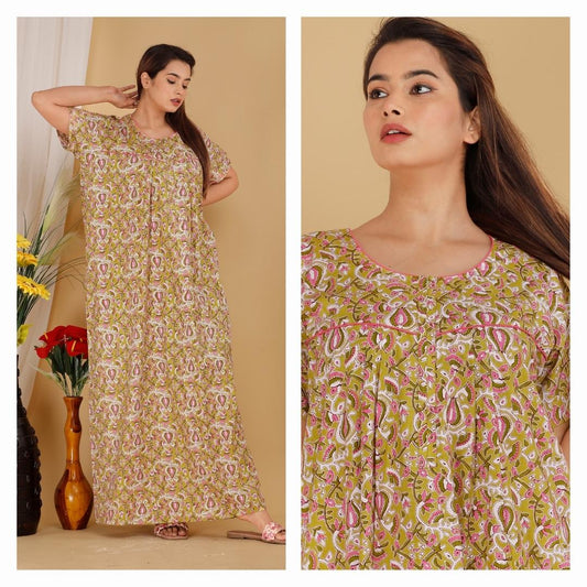 Worli L. Mehndi Cotton Printed Nightwear Gowns