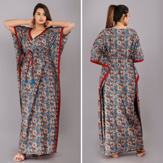 Kalamkari Flower Blue Cotton Kaftan
