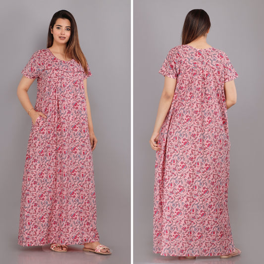 Bajra Leaves Pink Cotton Nightwear Gowns