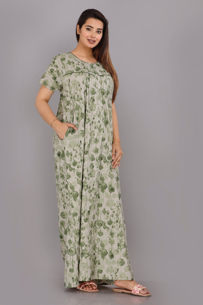 Water Color Green Cotton Printed Nightwear Gowns