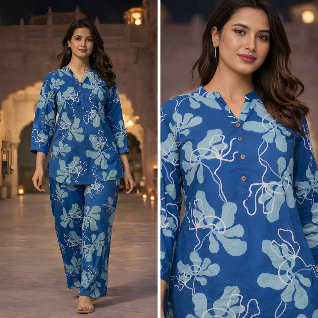 GeoLuxe Sky Blue Printed Cotton Co-ords Set