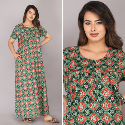 Meenakari Red - Green Cotton Printed Nightwear Gowns