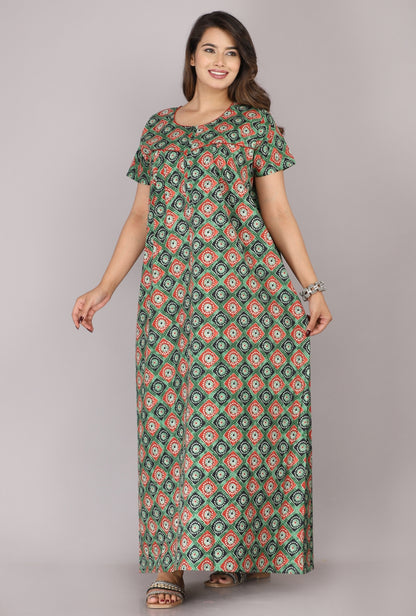 Meenakari Red - Green Cotton Printed Nightwear Gowns