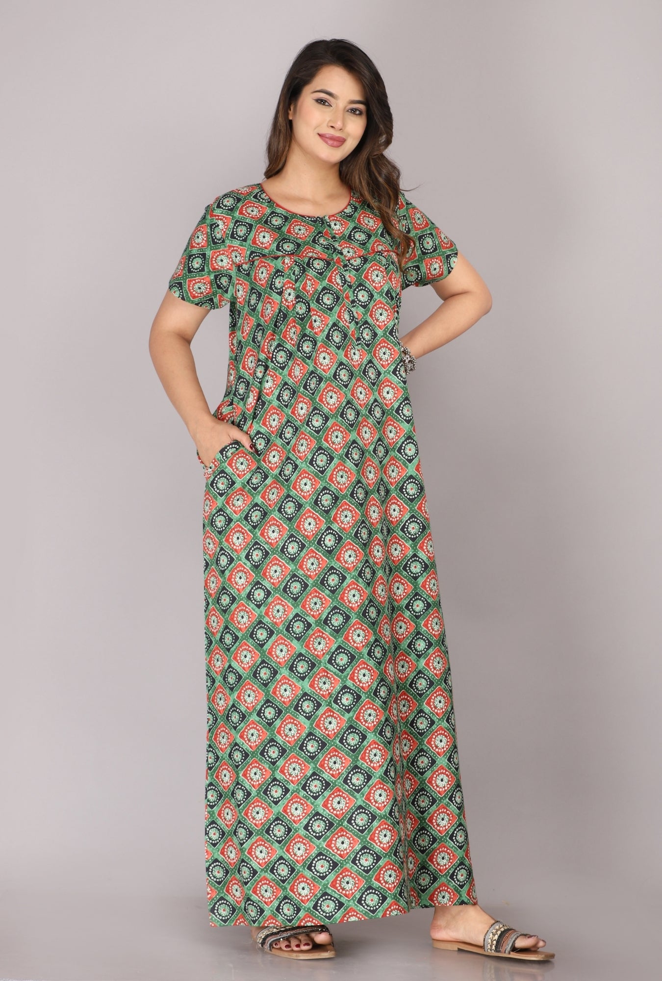 Meenakari Red - Green Cotton Printed Nightwear Gowns