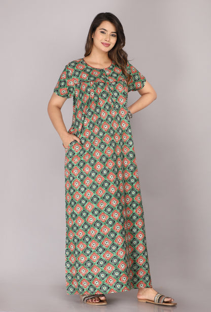 Meenakari Red - Green Cotton Printed Nightwear Gowns