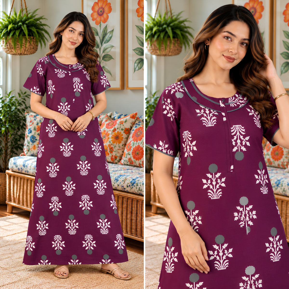 Imperial Bloom Magenta Printed Cotton Night Gown