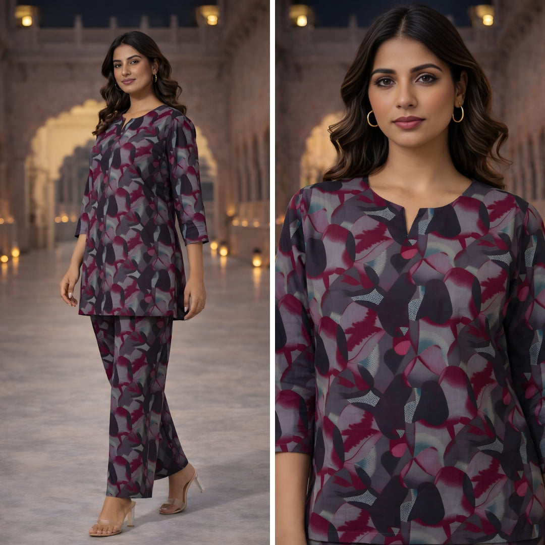 Hexa Maroon Grey Cotton Loungewear Co-ords Set