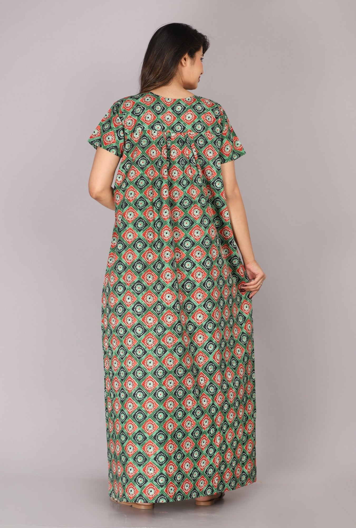 Meenakari Red - Green Cotton Printed Nightwear Gowns