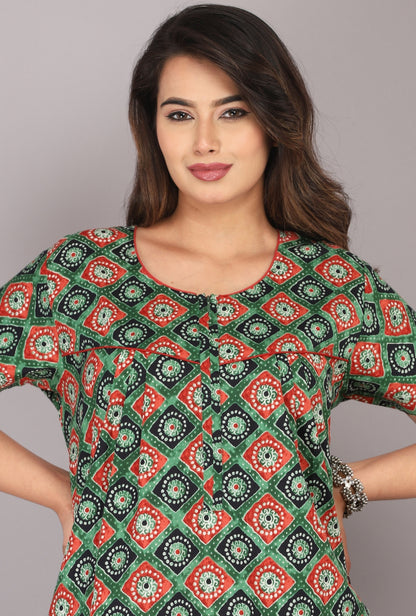 Meenakari Red - Green Cotton Printed Nightwear Gowns