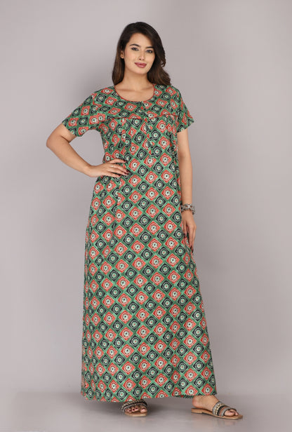 Meenakari Red - Green Cotton Printed Nightwear Gowns